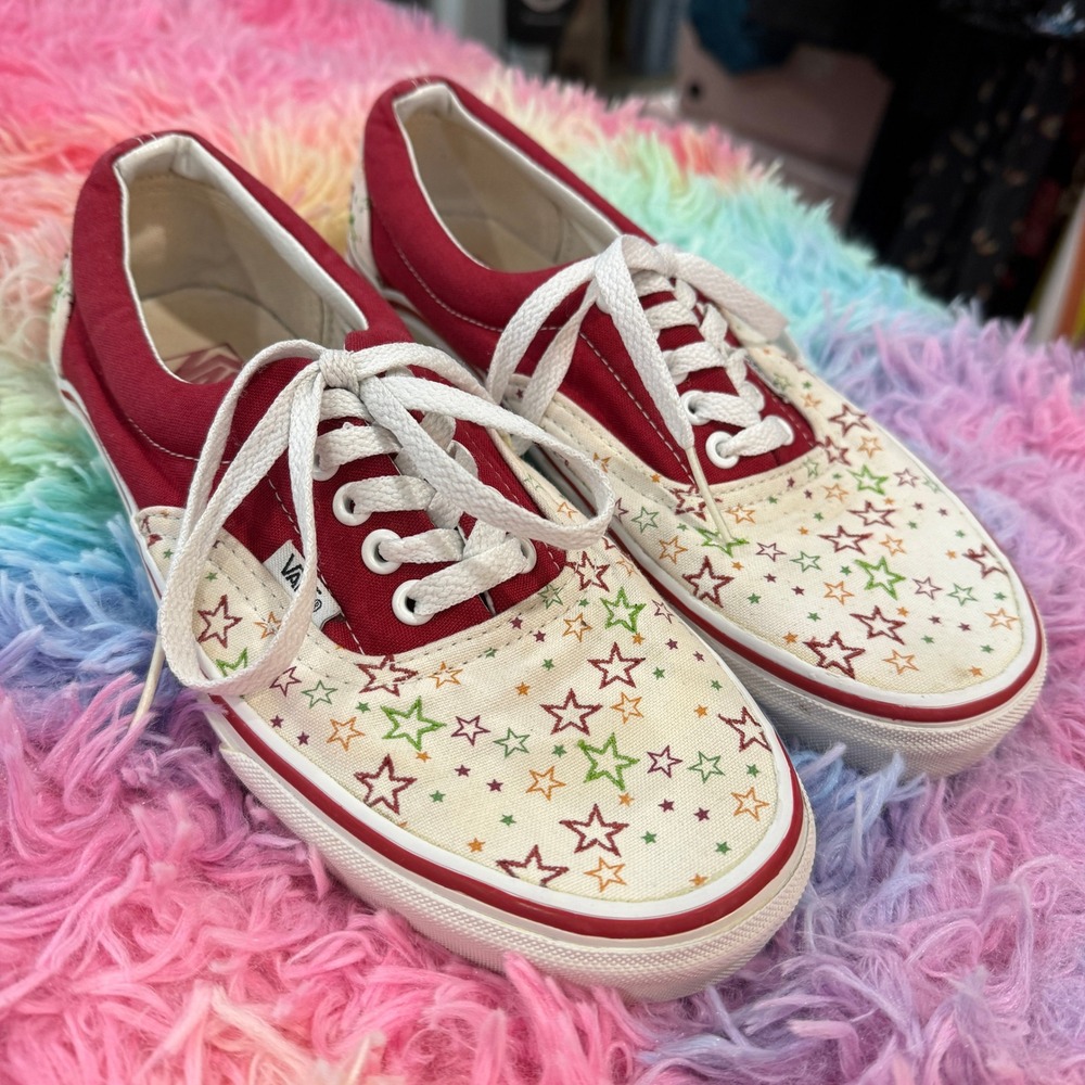Vans Era Sneakers Women 9 Red Cream Good Star Print Low Top Skate Shoes